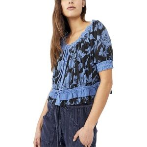 Free People Women's Blue Floral Scoop-Neck Perfect Day Gathered Top
